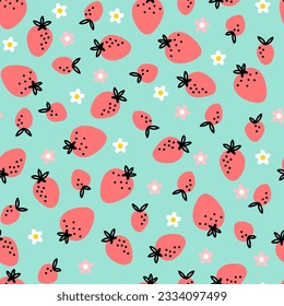Erdbeerbeeren und Blumen nahtloses Muster auf grünem Hintergrund. Wiederholter Hintergrund mit Sommerfrüchten. Verwendung für Gewebe, Geschenkverpackungen oder Verpackungen.