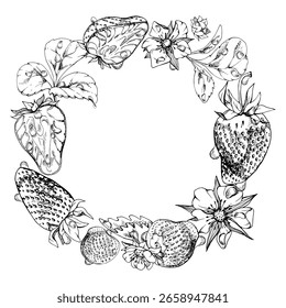 Morangos cheios e cortados ao meio, flores folhas grinalda, água salpicar gotas de orvalho. Amora de pineberry de jardim maduro. Quadro de círculo de tinta de vetor desenhado à mão isolado. Cardápio de sobremesas, embalagem de alimentos