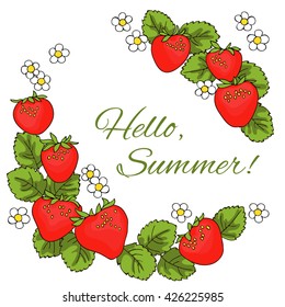 strawberry berries leaves flowers circle frame word hello summer vector