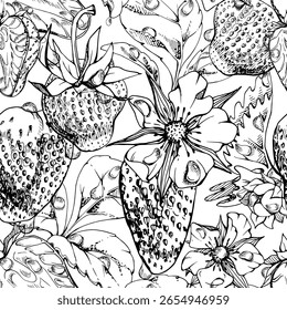 Strawberry berries leaves flowers in dew drops, ice cubes, water splash. Ripe summer garden forest strasberry hand drawn in vector ink. Isolated seamless pattern tile. Preserves packaging textile