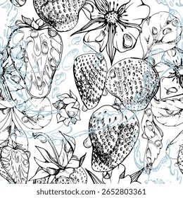 Strawberry berries leaves flowers flying in dew drops, ice cubes, water splash. Ripe summer garden forest strasberry hand drawn in vector ink. Isolated seamless pattern tile. Home preserves, packaging