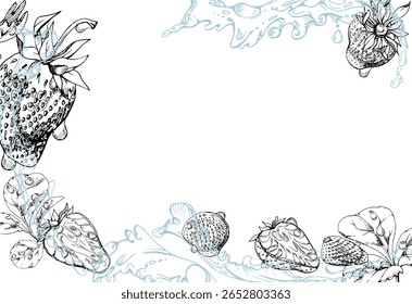 Folhas de morango que voam em gotas de orvalho de respingo de água, amora de jardim maduro strasberry serpentina mão desenhada em tinta vetorial. Quadro do canto da borda isolado. Mercado agrícola, embalagens de alimentos e bebidas