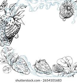 Strawberry berries leaves flying in water splash dew drops, ripe garden pineberry strasberry hand drawn in vector ink. Isolated square border corner frame. Farmers market menu, food drink packaging