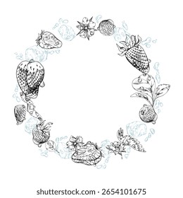 Strawberry berries leaves wreath flying in water splash dew drops with ice cubes, ripe garden pineberry strasberry. Isolated vector ink hand drawn circle frame. Fresh grocery store, drinks packaging