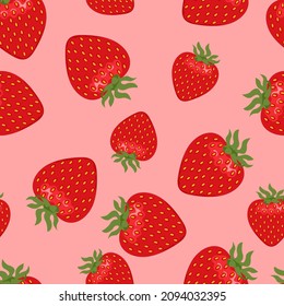 Bayas de fresa sobre fondo rojo. Patrón de fruta sin fisuras. Ilustración plana vectorial.