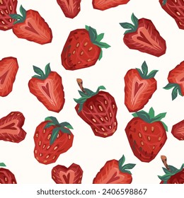 Strawberry berries seamless pattern design, vector flat hand drawn illustration isolated on a white background for food packaging and kitchen textile. Strawberry summer pattern.