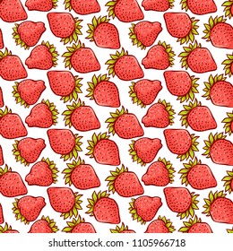 Strawberry berries seamless pattern. Vector background fruits with green leaf for design label jam, juice packaging or printing fabric. Sketch illustration of ripe autumn harvest.