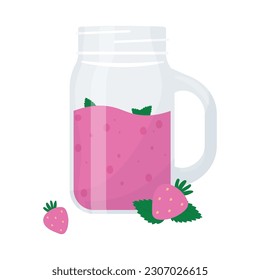Strawberry or berry cocktail. Summer refreshing cocktail in a jar with fresh strawberries. Flat vector illustration