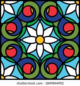 Strawberry berry and flower stained glass window, vector illustration