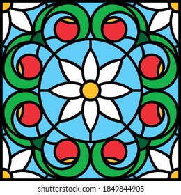 Strawberry berry and flower stained glass window, vector illustration
