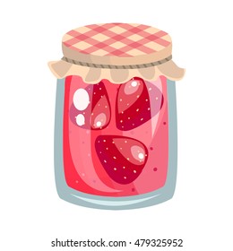 Strawberry, berry jam sweet pink red healthy dessert. Colorful vector illustration isolated on white background.