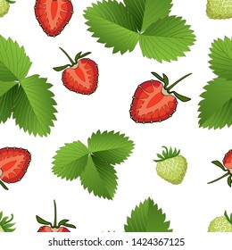 Strawberry berry with strawberry leaf in scatter seamless
