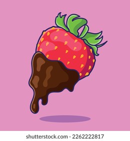 strawberry berry with leaves in chocolate, healthy dessert, strawberry with chocolate icon, victoria cartoon flat icon