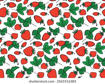 strawberry berry and leaves seamless pattern illustration, ideal for fabrics, wallpapers, stationery, packaging, and children's products. Fun, fresh, and vibrant design. Red, green