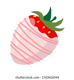 Strawberry berry with leaves in white chocolate. Vector flat illustration on a white background isolated.
