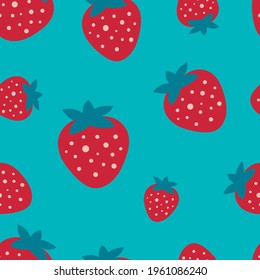 Berry de fresa sobre un fondo azul para imprimir sobre tela, textiles, almohadas. Moderna impresión infantil sin costuras. Gráficos vectoriales.