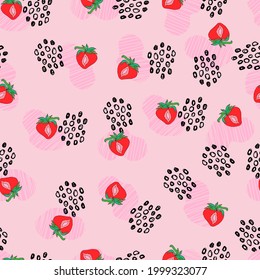 strawberry berry vector seamless pattern with dots and abstract spots on pink background