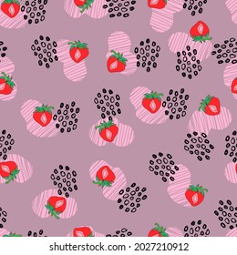 strawberry berry vector seamless pattern with dots and abstract spots on background