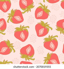 strawberry berry vector seamless pattern with dots and abstract spots on background