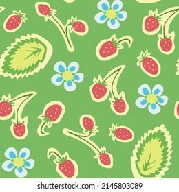 Strawberry berry vector seamless pattern colorful illustration juice bright retro vintage stroke flat