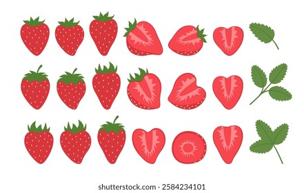 Strawberry Big Set. Summer Berries Flat Design Collection. Healthy Sweets.