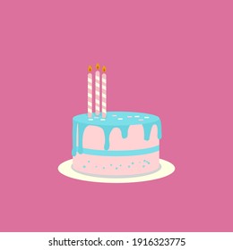 Strawberry Birthday Cake with blue cream and pink color, birthday candles. in flat design,flat color