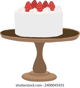 A strawberry birthday cake on a tray. Hand-drawn illustration.