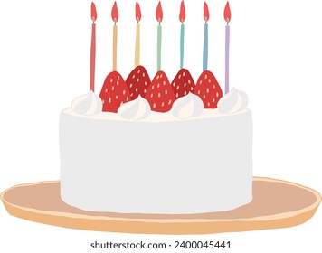 A strawberry birthday cake with rainbow-colored candles. Hand-drawn illustration.