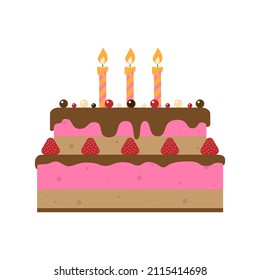 Strawberry birthday cake and three candles, vector, flat style