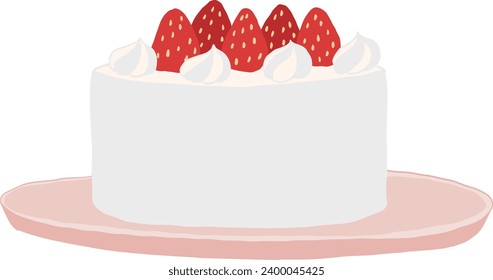 A strawberry birthday cakeon a plate. Hand-drawn illustration.