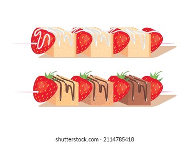 Strawberry and biscuit cubes on a skewer. Party fruit snack, gourmet dessert. Vector food illustartion, icon, simbol, object. Isolated on white background