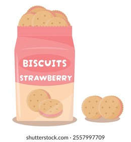 Strawberry biscuits in bag vector illustration. Cookies or crackers dessert collection.