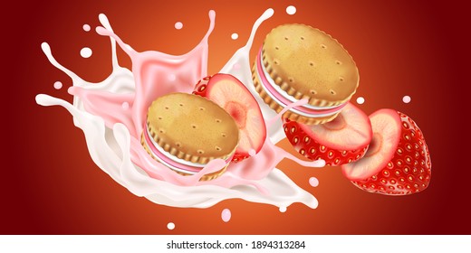 Strawberry biscuits with milky splashing isolated element in the middle on solid color background. Realistic vector in 3D illustration.