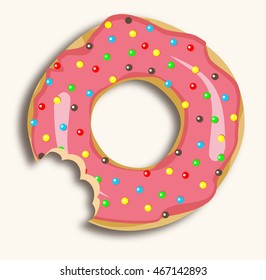 Strawberry bitten donut with glaze and many decorative sprinkles. . Modern flat design.