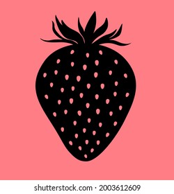 Strawberry. Black color strawberry berry silhouette isolated on pink background. Vector illustration.