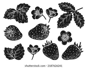 Strawberry black impression set. Cartoon hand drawn black and white berries leaves flowers for scrapbooking, nail stamps, laser engraving, stencil, badge, eco market label, price tag overprint design