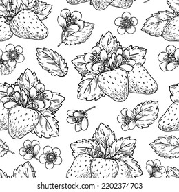 Patrón sin fisuras de la línea negra de fresa. Botiga dibujada a mano flores hojas fondo interminable para la superficie de la cubierta del embalaje, tela de papel pintado, página de antiestrés de color, tarjeta de saludo, impresión de afiches