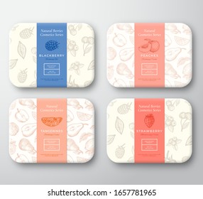 Strawberry, Blackberry, Peach and Tangerine Cardboard Boxes Set. Abstract Vector Wrapped Paper Cosmetics Container Label Cover. Packaging Design. Hand Drawn Fruits Background Pattern Layout. Isolated.