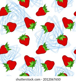 Las figuras abstractas de fresa y azul son un patrón sin fisuras sobre fondo blanco. Berry roja que repite textura interminable. Diseño de patrones de superficie vegetal. Yummy mosaico editable. Fondo brillante sin límites.