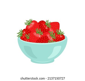 Strawberry In Blue Bowl Isolated On White. Vector Flat Icon Of Fresh Red Berries.