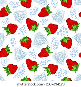 Strawberry, blue terrazzo and triangle seamless pattern on white background. Red berry repeating endless texture. Vegan food surface pattern design. Yummy editable tile. Bright boundless background.