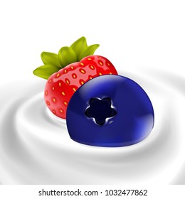 strawberry and blueberry floating in whipped cream or yogurt wave pure vector illustration for milk products and beverage design high quality art