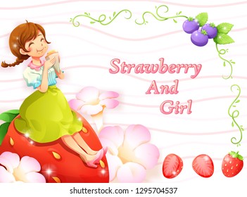 Strawberry blueberry and girl frame background