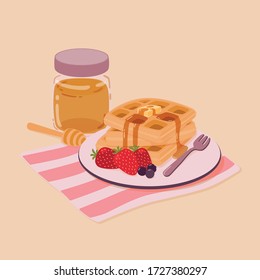 Strawberry Blueberry Honey Waffle, Vector, Illustration, food