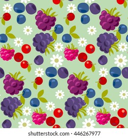 strawberry and blueberry and huckleberry repeatable motif with daisy flowers. assorted violet and blue forest berry seamless pattern. vector illustration. repeatable fabric or wrapping paper motif