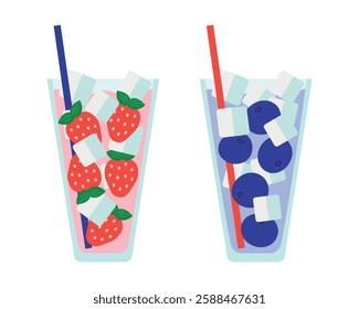 Strawberry, Blueberry Juice. Cocktails Ice cubes Straw. Smoothie, lemonade, soda. Summer Berries in transparent Glass. Cold refreshing Drinks. Vitamin, healthy eating. Flat style. Vector illustration