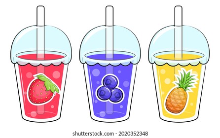 Strawberry, blueberry, pineapple juices. Cartoon vector illustration on white background.