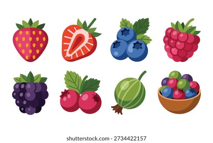 Strawberry blueberry raspberry vector pack, sliced berry icons with gooseberry and bowl, smoothie bar menu, valentines dessert art, festival illustration