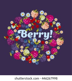 strawberry and blueberry round shape header motif with little daisy flowers.  assorted forest berry set. vector illustration. 
