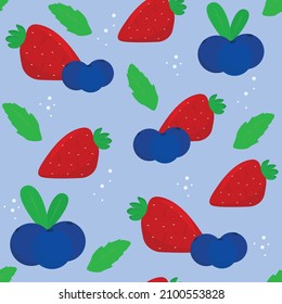 Fresa y arándano sin soldadura patrón lindo y colorido ilustración con hojas de menta y bayas de verano